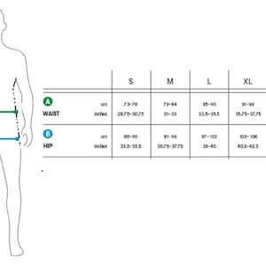 May include: Size chart for clothing with measurements in inches and centimeters for waist and hip. The chart shows sizes from S to XXL.