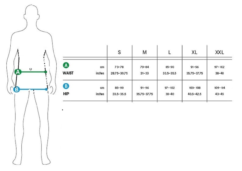 May include: Size chart for clothing with measurements in inches and centimeters for waist and hip. The chart shows sizes from S to XXL.