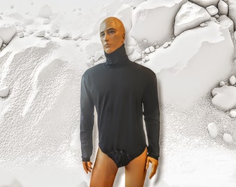 Turtle neck Bodysuit men Long sleeve front closure T-shirt top brief or thong bottom fully opening union suit winter underwear undershirt