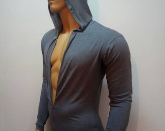 mens bodysuit hoodie thong back , long sleeves bodysuit for men , double front zipper , winter underwear fully opening at the back via clasp