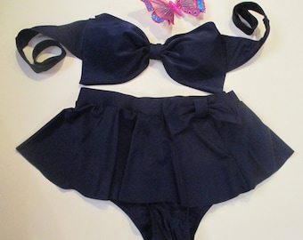 High Waisted Skirted Bikini: Retro Bow Bandeau Swimsuit