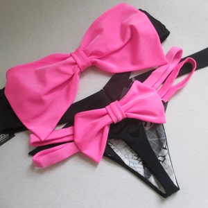 brazilian bikini neon pink bow bandeau top strappy bow thong bottom bicolor neon color swimsuit bathing suit pool straps thong bikini w/bows