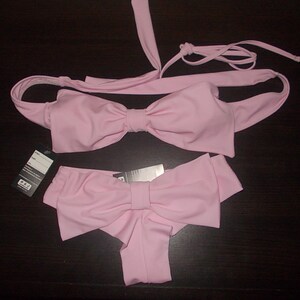 sexy pink bow bandeau and brazilian thong bow bikini swimsuit bathing suit pool bikini cheeky bikini big bows set 2 pieces swimming bow suit