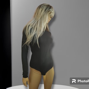 Black Cotton Blend Bodysuit: Long Sleeve V-Neck Leotard