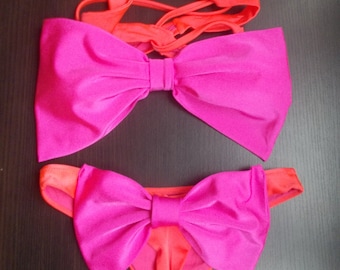 Neon pink bow bandeau and brazilian thong bow bikini swimsuit bicolor neon color bathing suit pool bikini bow thong big bows