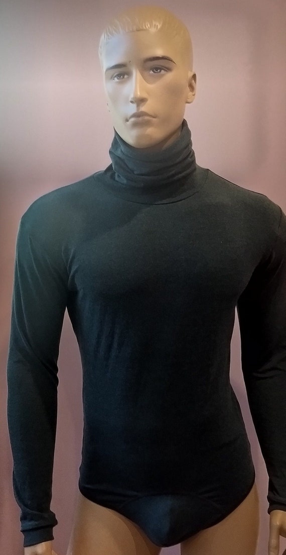 Turtle Neck Bodysuit Longsleeve Men Thong Bottom Fully Opening T