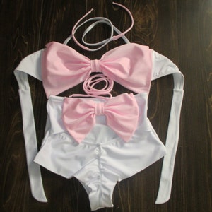 high waisted cheeky bikini bottoms pink bow bandeau top with brazilian bow back knickers swimsuit 2 pieces bathing suit bikini big bows NEW