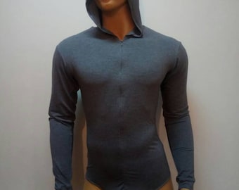 mens bodysuit hoodie thong back , long sleeves bodysuit for men , double front zipper , winter underwear