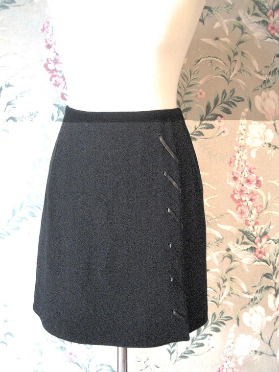 MONTANA* black wool crepe skirt * A-line * leathe… - image 1