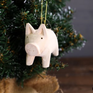 Handmade Wooden Pig Christmas Ornament – Rustic Farm Animal Bauble with Gold String, Tree Hanging Decoration