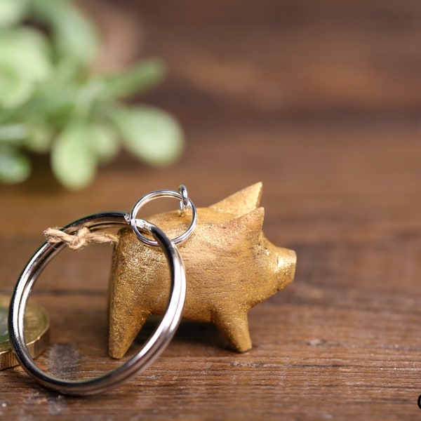 Handmade Little Gold Wooden Pig Keyring Key Fob Unique Gift Wedding