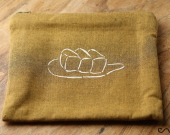 18cm Handmade Make up / Change purse /Zipper Pouch Card Wallet Gift Handprinted Bread  on Gold Fabric