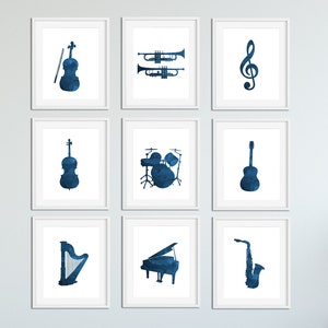 Musical Instrument Wall Art Set, Music Nursery Decor, Blue Wall Art Set For Children, 9 Printables, 8 x 10" and 11 x 14 Prints
