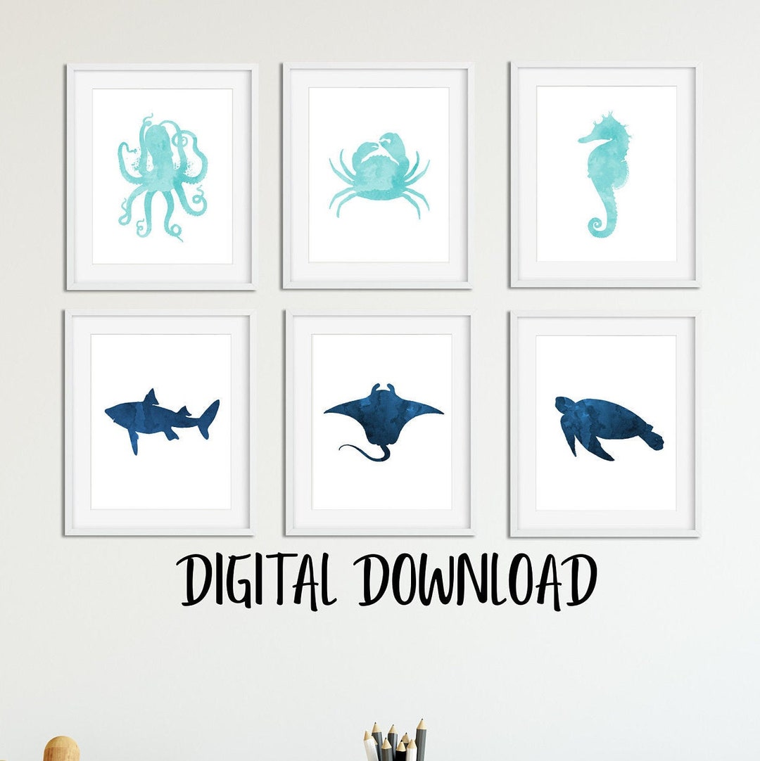 Sea Creatures Wall Art Navy Teal Printable Ocean Animals Etsy