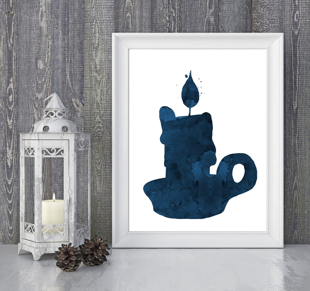 Candle Wall Art Navy Blue Christmas Decor Candle Art Print Etsy