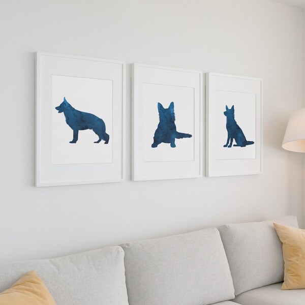 German Shepherd Dog, Printable Wall Art Set, Digital Download, 8" x 10", German Shepherd Prints, Dog Art, Blue Dog Pictures, 3 Dog Prints