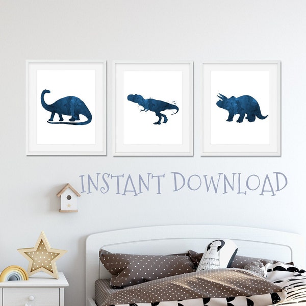 Blue Dinosaur Nursery Decor, Navy Blue Boys Bedroom, Kids Room Wall Art, Printable 8x10 Dinosaur Print Set For 3 Prints, Digital Download