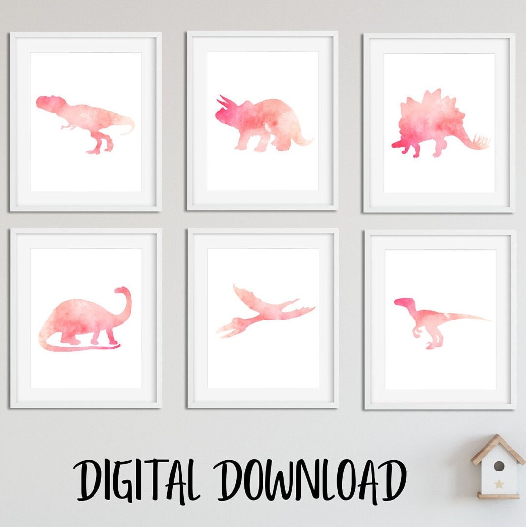 Pink Dinosaur Wall Art, Digital Download, for a Set of 6 Prints, Kids