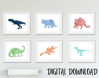 Dino Pictures, Dinosaur Art, Set of 6, Digital Downloads, Pictures Kids Room, Dinosaur Room Decor, Childrens Wall Art, 8x10 11x14 Horizontal