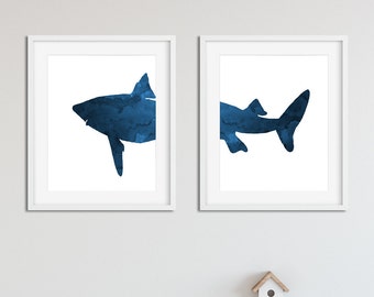 Shark Print, Bedroom Decor, Dark Blue, Nursery Wall Art, Printable, Shark Art Nursery, Set of 2 Piece, Sea Animal Prints, Kids Bathroom Art