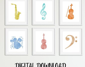 Printable Music Wall Art Set, For 6 Music Prints, Nursery And Childrens Room Decor, Musical Notes, Instruments, Music Instrument, Printables