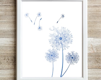 Dandelion Print • Dandelion In The Wind Wall Art • Watercolor Dandelion • Printable Minimalist • Blue Flower Prints • Blue Flowers Art