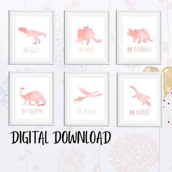 Pink Dinosaur Wall Art Digital Download Downloadable Set of Etsy