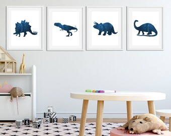 Printable Dinosaur Wall Art, Set Of 4 Prints, Brontosaurus, Tyrannosaurus, Triceratops, 8x10" Print, Downloadable Nursery And Bedroom Decor