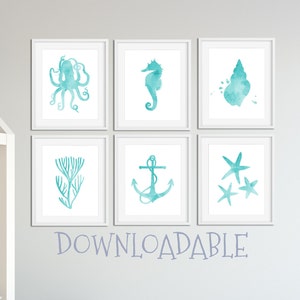 Turquoise, Sea Animals Wall Art, Printable, Digital Download, Corals picture, Coastal 8x10 Prints, Kids Room Decor, Set Of 6 Prints, Beach