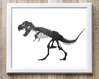 Black Tyrannosaurus Rex Skeleton Printable, Downloadable Dinosaur Print, Watercolor Art, Kids Room Decor,