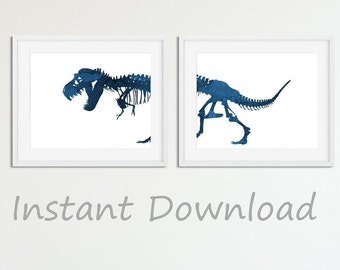 Blue T Rex Wall Art Set, DIGITAL DOWNLOAD, 2 Pieces, For 8x10 Dinosaur Skull And Skeleton Prints, Tyrannosaurus, Downloadable, Horizontal