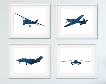 Printable Aircraft Prints, Download, Printable Set Of 4 Airplane Pictures, Navy Blue, Plane Wall Art, Nursery Decor, Children's Room Art