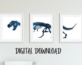 Navy Blue Dinosaur Skeleton Wall Art Print Set For 3 Prints, DIGITAL DOWNLOAD, Printable Kids Room Decor, Baby Boy Nursery