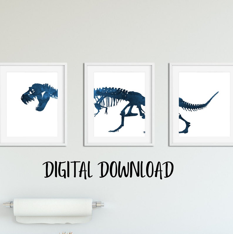 Navy Blue Dinosaur Skeleton Wall Art Print Set for 3 Prints Etsy