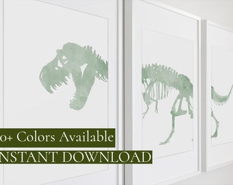 Green Dinosaur Art • Kids Room Decor • Set of 3 Dinosaur • Tyrannosaurus Rex Skeleton • T-Rex Skull • Nursery Printable Wall Art • Downloads