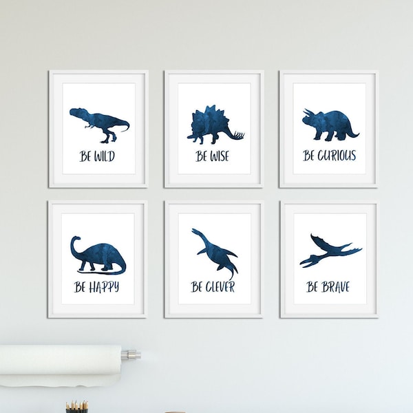 Dinosaur Wall Art, Toddler Room Decor, Navy Blue, For Nursery And Childrens Room, Downloadable, Printable, Set Of 6, 8x10, Dinosaur Download