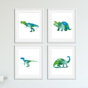 Printable Dinosaur Wall Art, Set 4 Dinosaurs, Green, Downloadable, Digital Download, Brontosaurus, Tyrannosaurus, Triceratops, Velociraptor