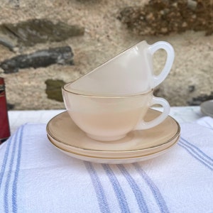 Pair of French Vintage Arcopal Harlequin Gold Tea Cups and Saucers. Milk Glass. Opaque Glass. French Vintage Shabby Chic