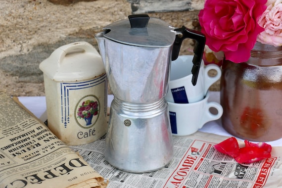 Bakelite handle French Vintage Shabby Chic stainless steel coffee pot and filter Cafetiere Original 1960/'s inox
