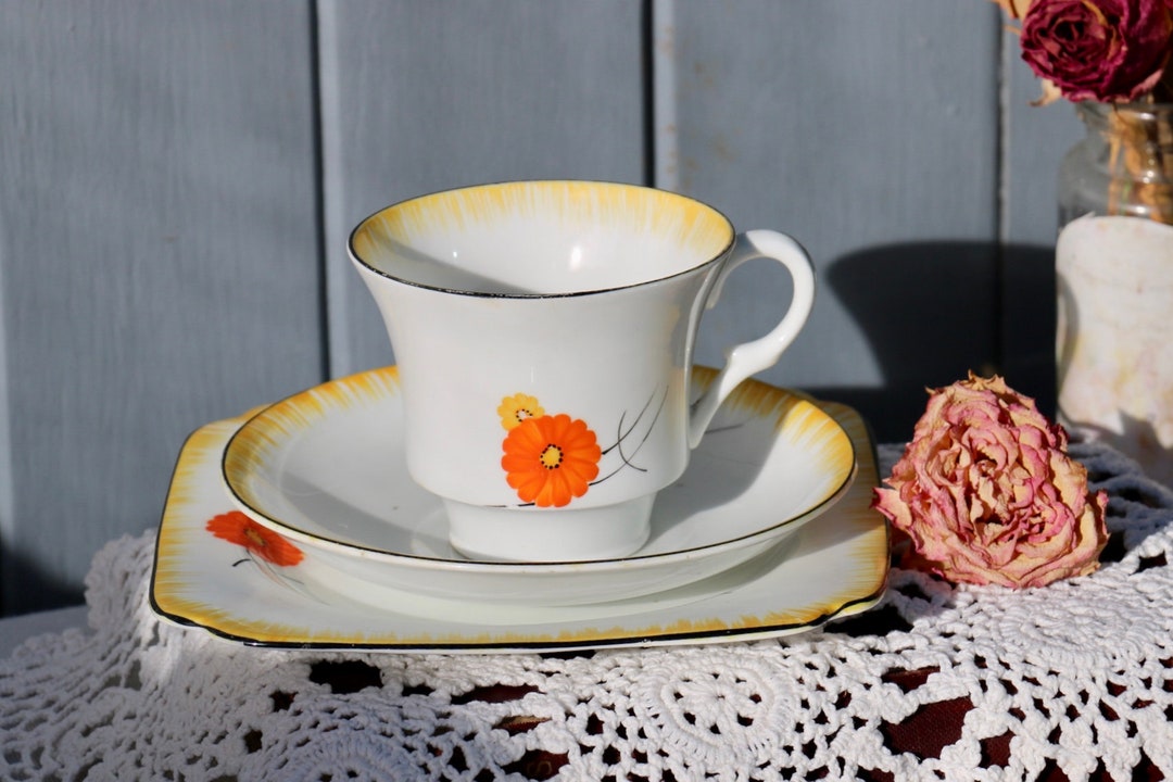 English Hand Painted Fine Bone China Trio Tea Cup, Saucer and Tea Plate