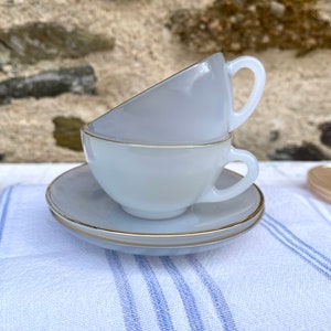 Pair of French Vintage Arcopal Harlequin Grey/Blue Tea Cups and Saucers. Milk Glass. Opaque Glass. French Vintage Shabby Chic