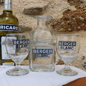 Iconic Anisette Berger Water Carafe and  2 x Blanc Glasses. Vintage French Cafe Bar Chic