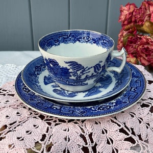 Puede incluir: Un juego de taza y platillo de té azul y blanco con un patrón de sauce. El juego está sobre un encaje de ganchillo rosa.