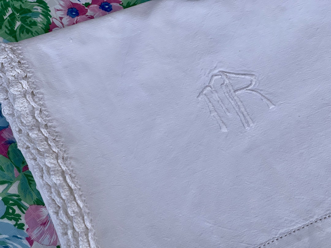 フランスのヴィンテージ刺繍コットンシーツ：レース付きシャビーシック