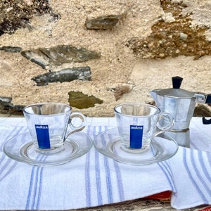 Pair of &#39;Lavazza&#39;  Espresso Coffee Cups and Saucers. French Vintage Shabby Chic. French Cafe Bar Chic