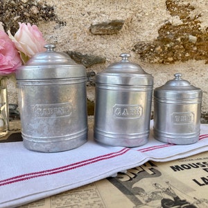 Set of 3 Original French Vintage Aluminium Storage Jars. French Vintage Shabby Chic. 1940&#39;s