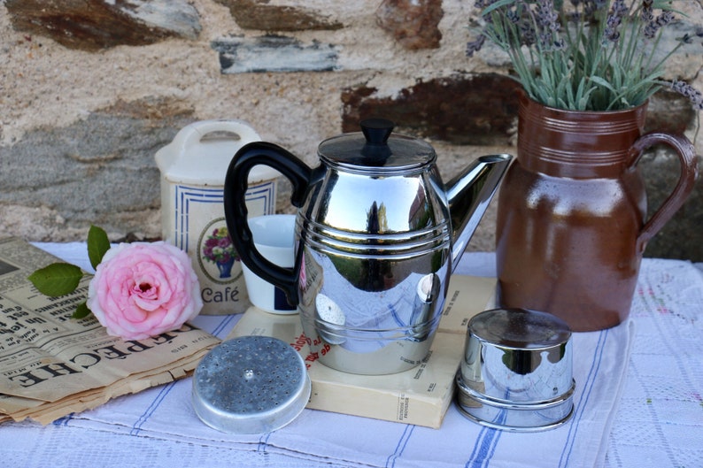 Bakelite handle French Vintage Shabby Chic stainless steel coffee pot and filter Cafetiere Original 1960/'s inox