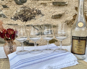 Brandy Glasses, Hennessy Engraved, 4 fl oz 125ml, 12cl French Vintage Set of 4