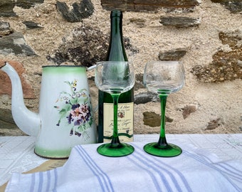 Alsace Wine Glasses - Green Stem Vintage Etched Glass - Set of 2