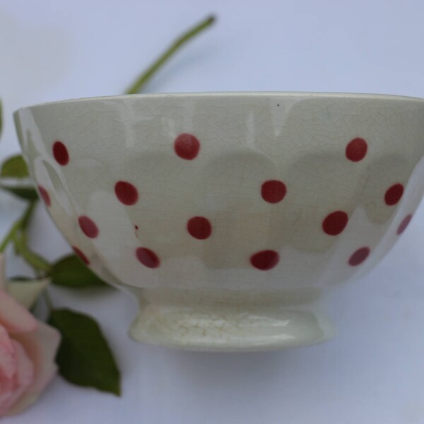 Beautiful French Vintage Red Spotted breakfast bowl. Cafe au lait.  Traditional French Country Kitchen. French Vintage Shabby Chic